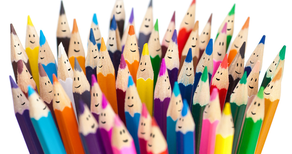 Colorful pencils as smiling faces people isolated. Social networ
